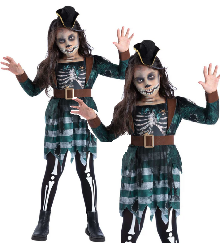 Skeleton Pirate Maiden Costume Girls Pirates Halloween Fancy Dress Outfit Age 4-12