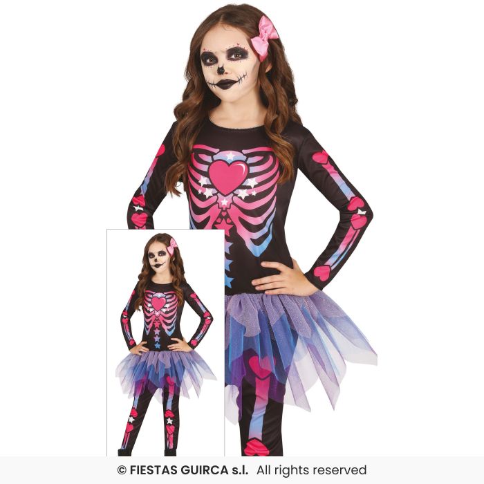 Pink Skeleton Girls Coloured Tutu Halloween Fancy Dress Costume Age 3-12