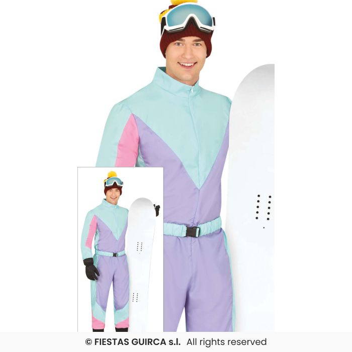 Mens Blue Retro Skier Costume 1980s Fancy Dress Outfit Ski Instructor M-XL