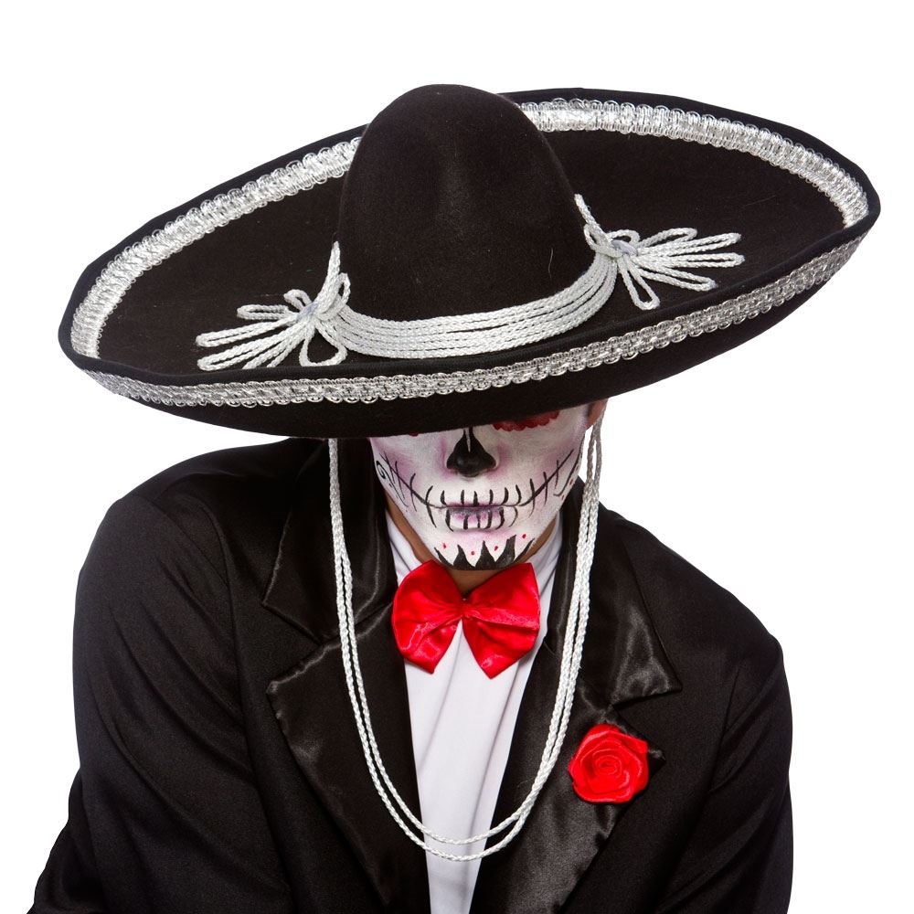 Black Sombrero Hat Day Of The Dead Mexican Bandit Fancy Dress Accessory