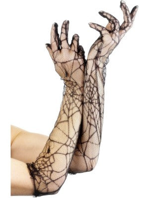 Ladies Halloween Net Lace Gloves Spider Web Halloween Fancy Dress Black