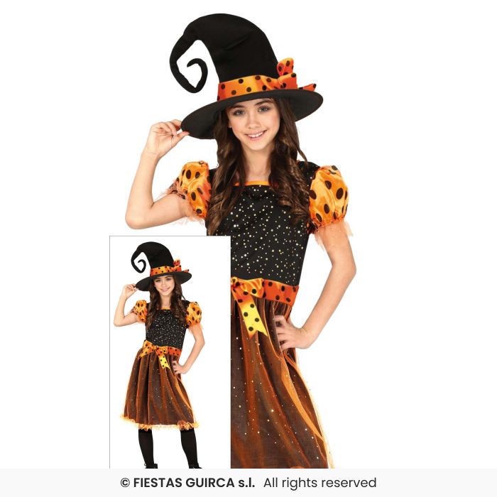 Orange Spotted Witch Girls Halloween Witches Fancy Dress Costume Age 3-12