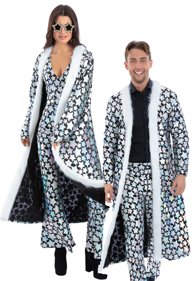 Unisex Star Gazer Coat Holographic Iridescent Ladies Mens 70s Disco Fancy Dress