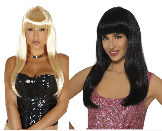 Long Wig With Fringe Ladies Black Or Blonde Wig Adults Fancy Dress Accessory