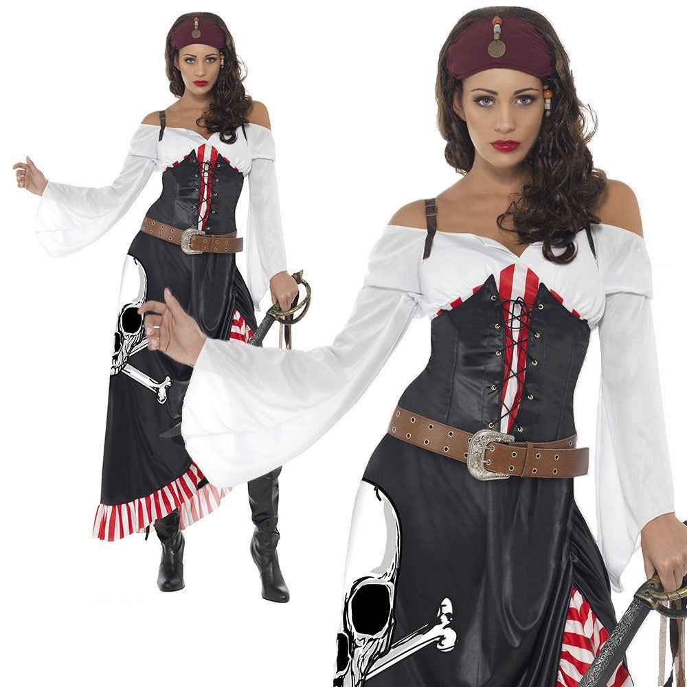 Ladies Sultry Pirate Wench Fancy Dress Costume Swashbuckler Caribbean UK 8-18