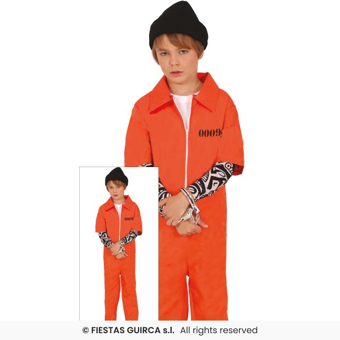 Tattooed Orange Convict Kids Halloween Fancy Dress Prisoner Boiler Suit Boys Girls Age 3-12