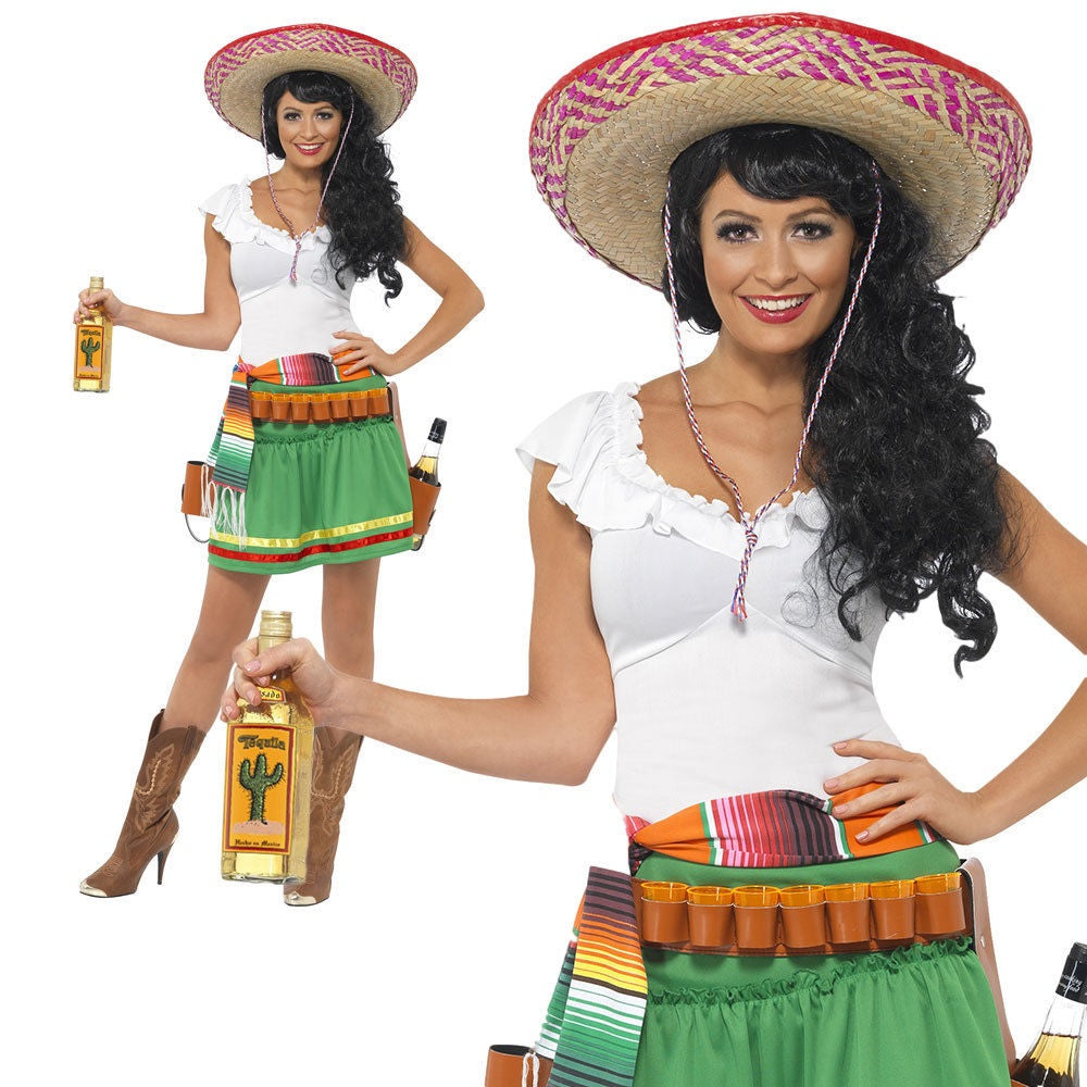 Mexican Tequila Shooter Girl Costume Cowgirl Womens Fancy Dress Outfit New