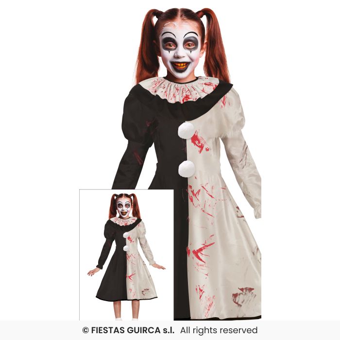 Terror Clown Girls Black & White Halloween Fancy Dress Costume Circus Clown Age 3-12