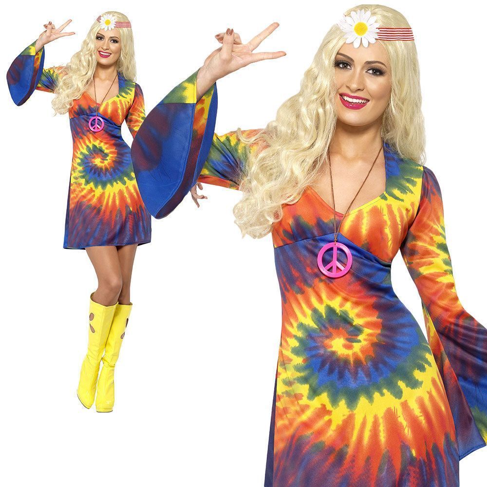 1960s 1970s Tie Dye Costume Hippy Hippie Retro Womens Ladies Fancy Dress New