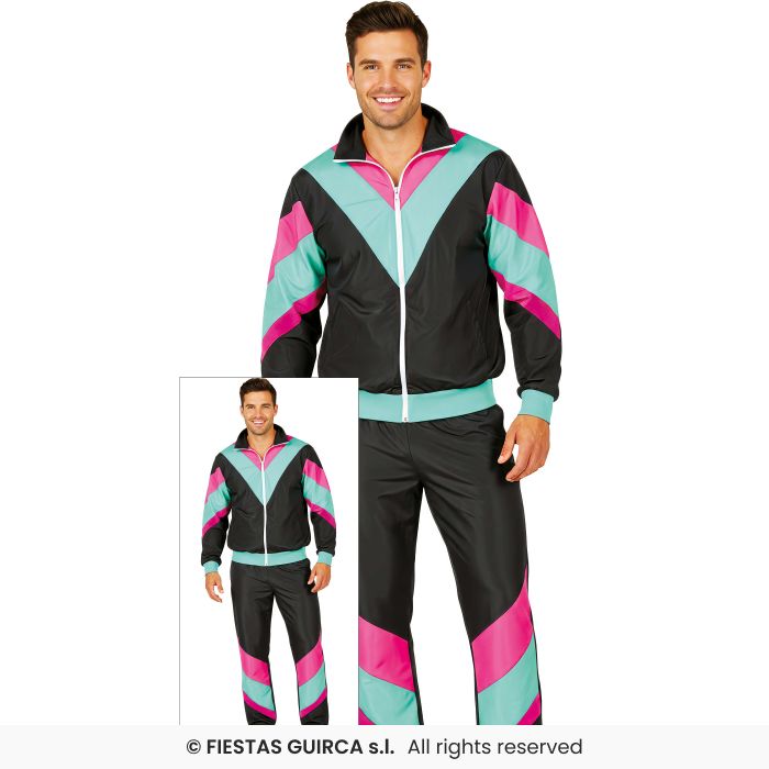 80s Tracksuit Mens Fancy Dress Costume Black Retro Shell Suit Outfit M-XL
