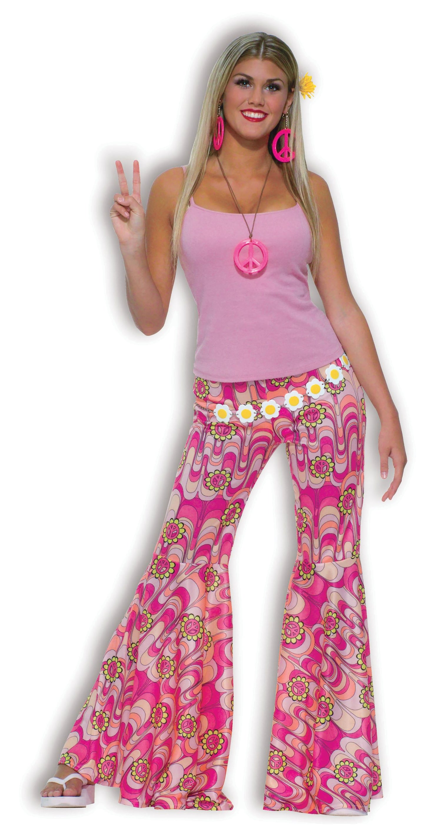 60s 70s Hippy Flower Power Bell Bottom Trousers Ladies Fancy Dress Adults 10-14