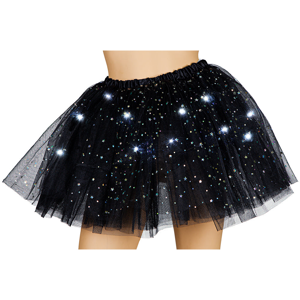 Black Light Up Sparkle Tutu Ladies Fancy Dress Costume Accessory Layered