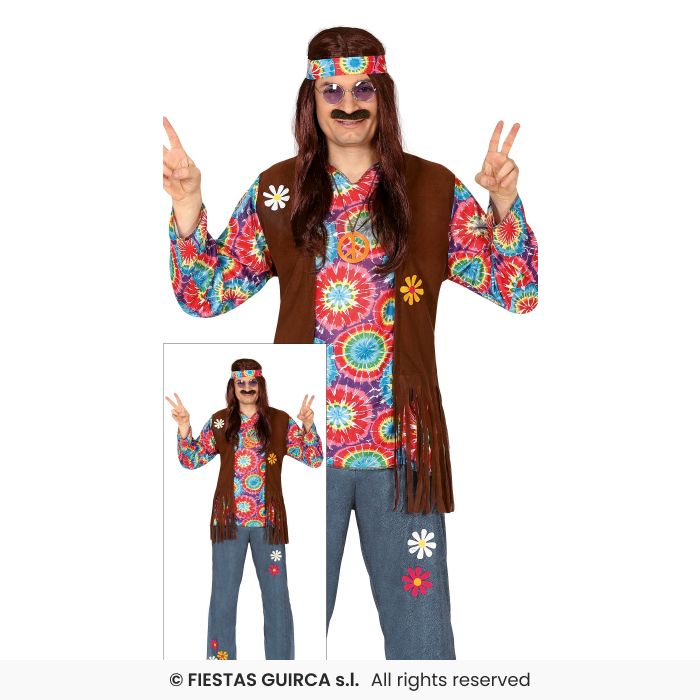 Mens Tie Dye Hippie Costume Retro 60s 70s Hippy Adults Fancy Dress Outfit Peace M-XL