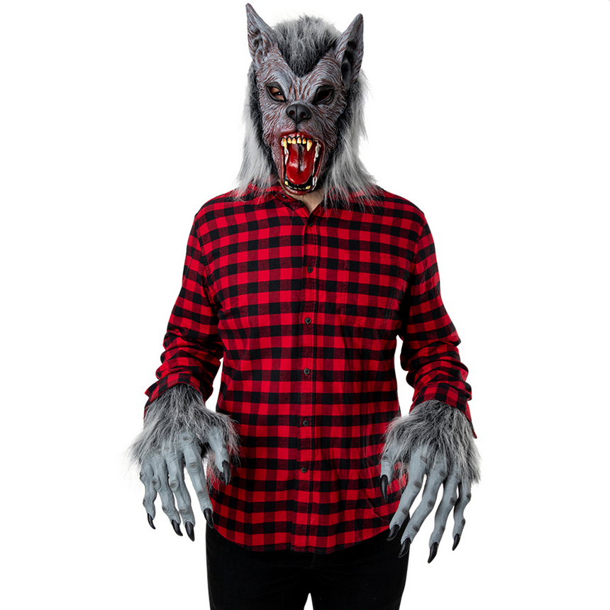 Deluxe Werewolf Set Adults Halloween Wolf Fancy Dress Kit Mask & Gloves Mens