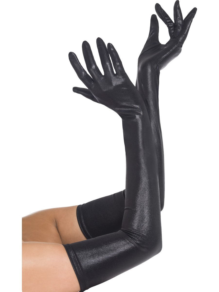 Black Wet Look Gloves Ladies Long Elbow Length Punk 80's Fancy Dress