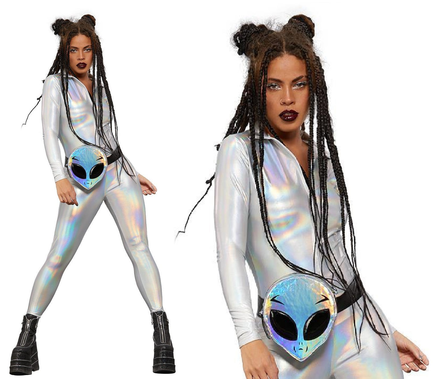 Miss Whiplash Bodysuit Ladies Holographic Zip Up Catsuit Silver Fancy Dress