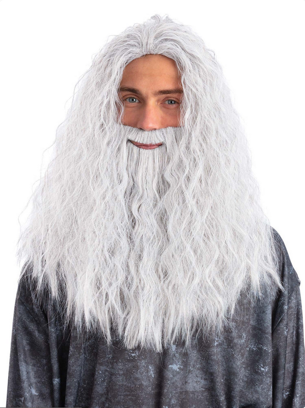 Sorcerer Wizard Wig & Beard Set White Halloween Fancy Dress Set Deluxe