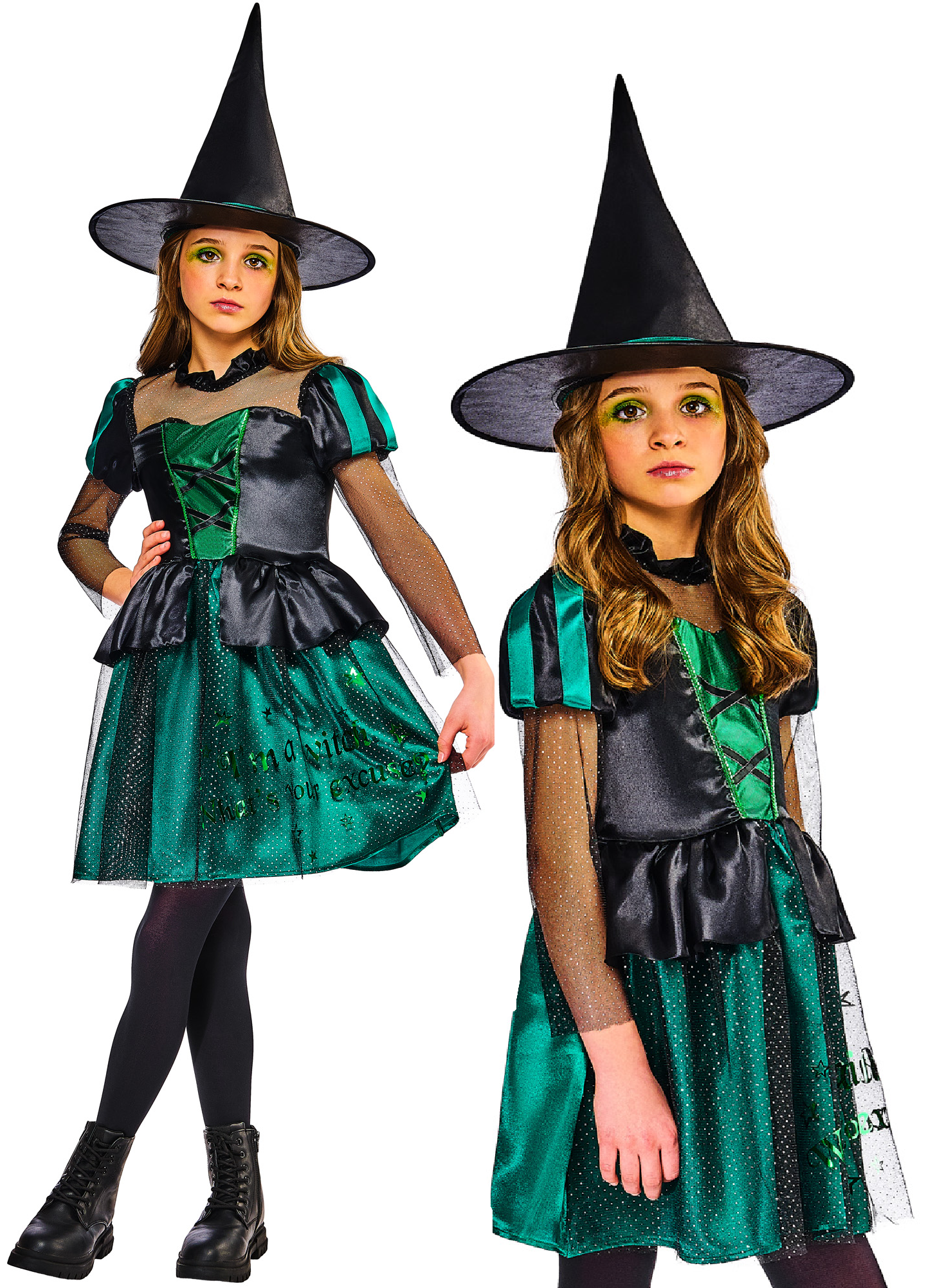 Wicked Witch Costume Girls Halloween Green Witches Fancy Dress Outfit Kids + Hat