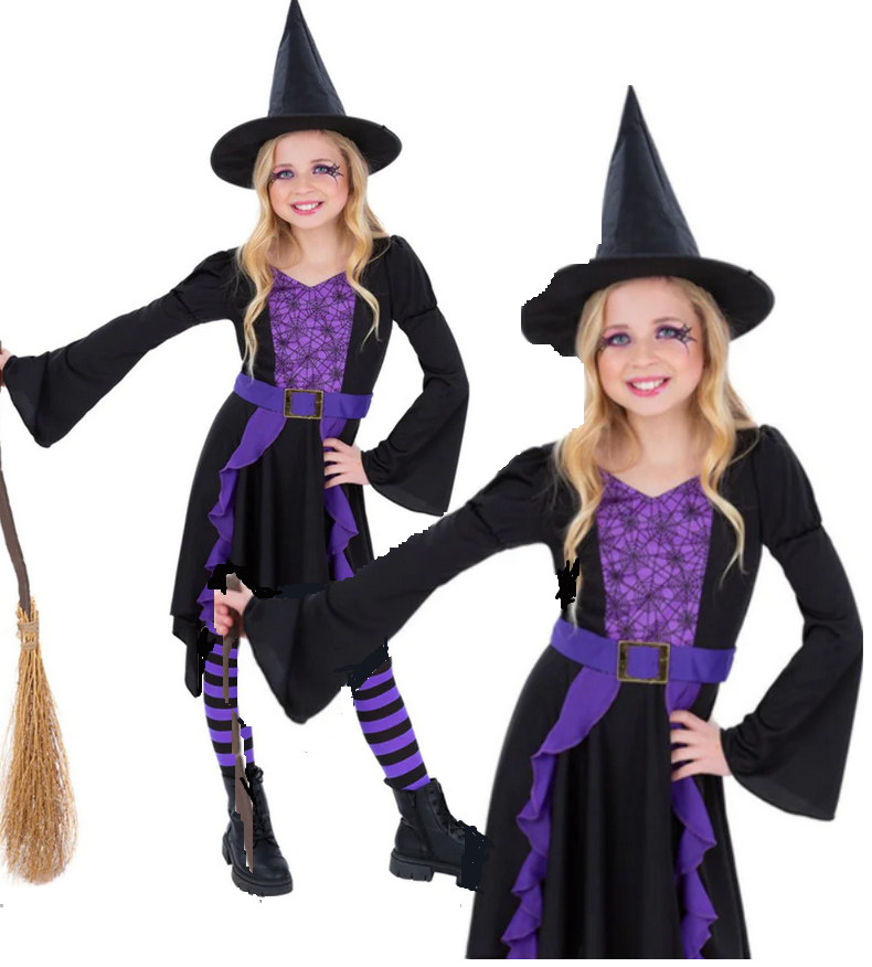 Girls Witch Costume Witches Outfit Halloween Fancy Dress Kids Age 4-12