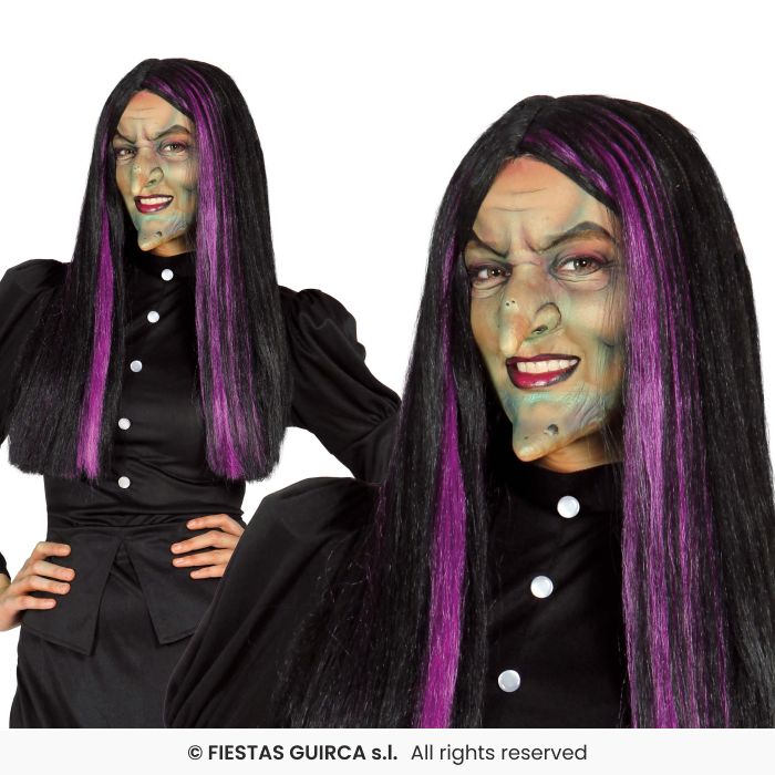 Purple & Black Wig Streaked Wig Ladies Long Halloween Fancy Dress Accessory