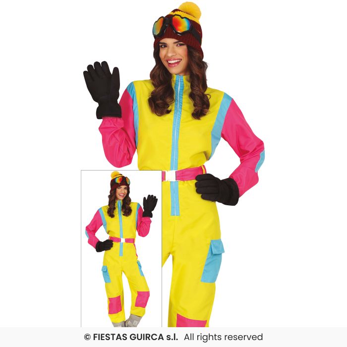 Ladies Yellow Neon Retro Skier Costume 1980s Fancy Dress Outfit Ski Instructor M-XL