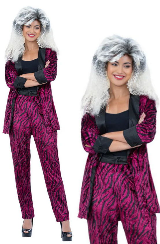 Pink Zebra Suit Ladies 80s Fancy Dress Costume I love 80s Glam Rock