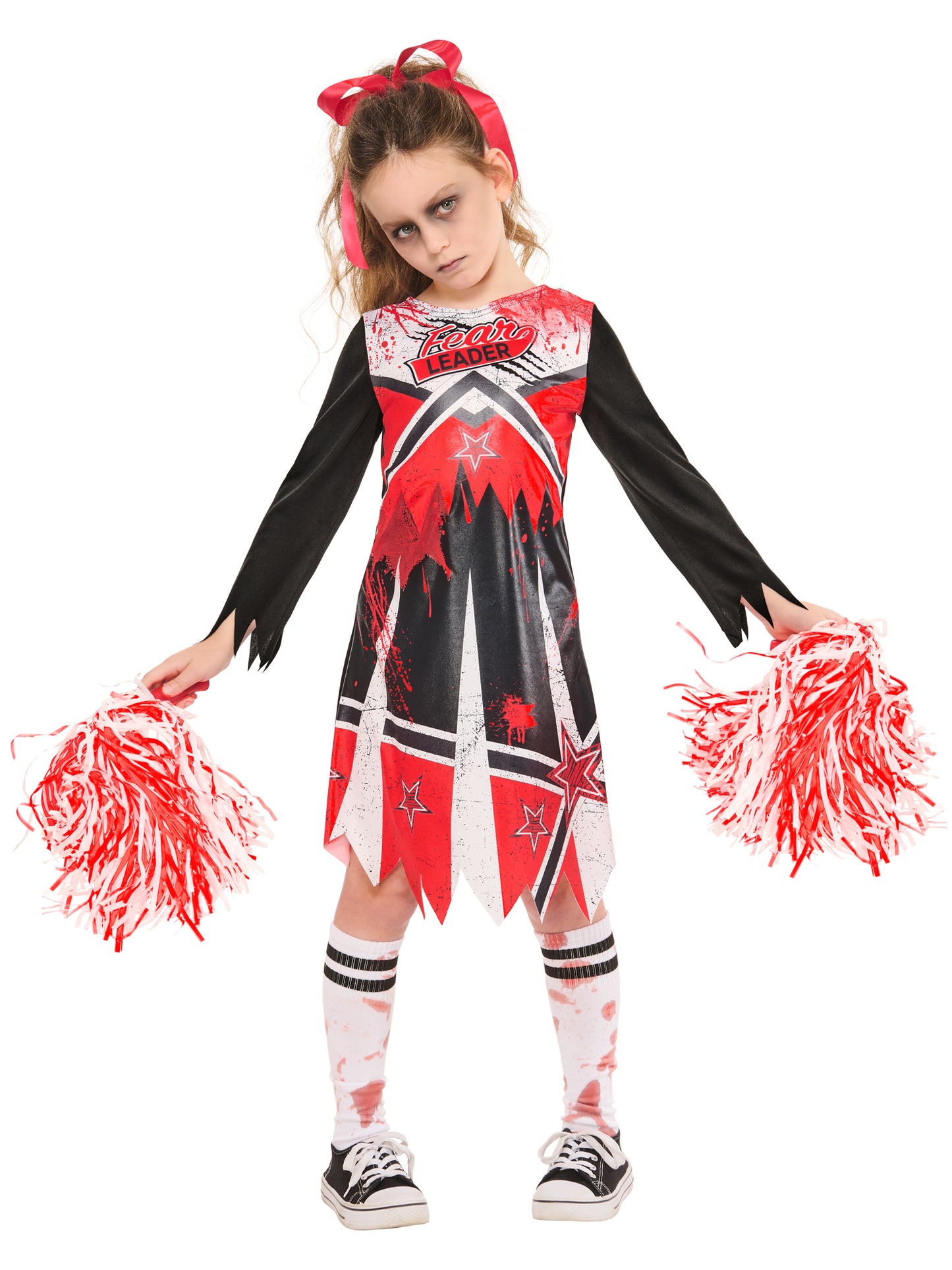 Zombie Cheerleader Kids Halloween Fancy Dress Costume + Pom Poms