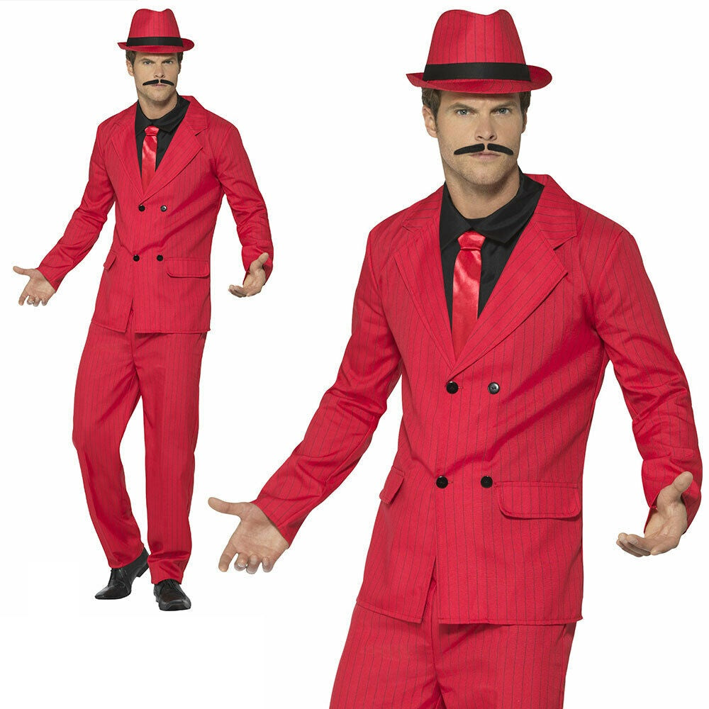 Mens Red Zoot Suit Gangster Costume 1920s Mafia Fancy Dress Outfit