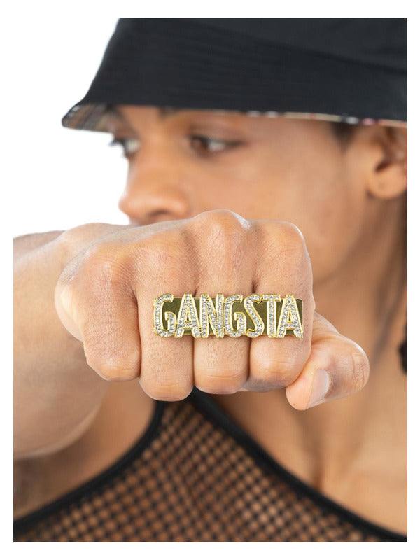Gangster Ring Bling Gold Ring Adults 90s Fancy Dress Accessory