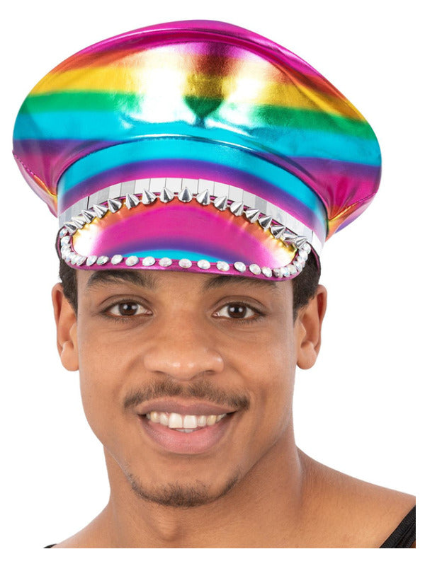 Metallic Studded Rainbow Captains Hat Adults Pride Fancy Dress Hat Mens Ladies
