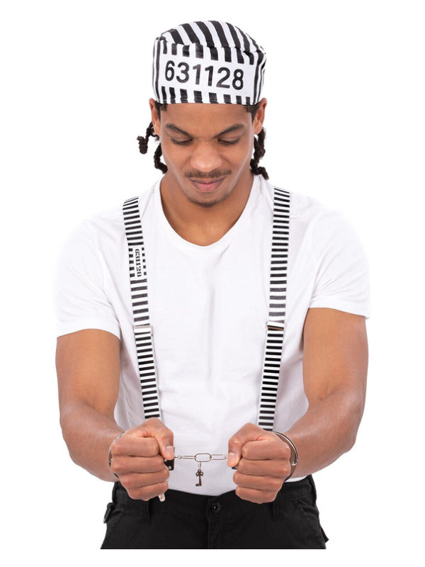 Prisoner Convict Kit Adults Fancy Dress Accessory Handcuffs Braces Mens Ladies