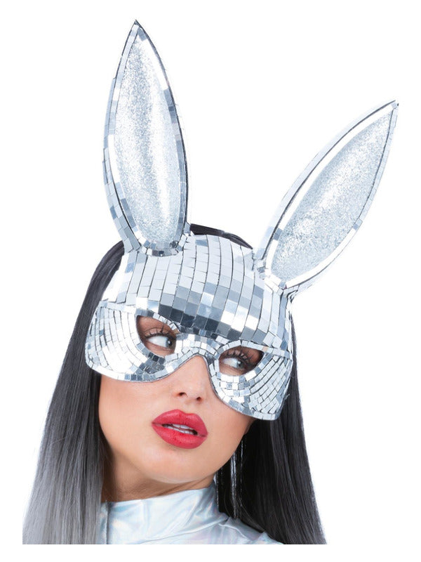 Disco Show Festival Bunny Rabbit Disco Ball Face Mask Adults Fancy Dress Ladies Silver