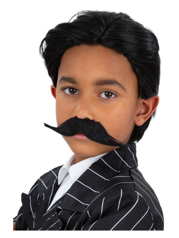 Boys Gangster Wig & Tash Set 1920s Gothic Black Wig Kids Moustache Set
