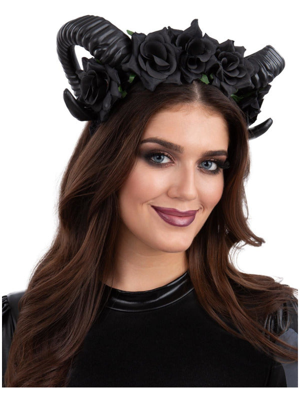 Black Demon Floral Headband Halloween Roses Day Of The Dead Fancy Dress