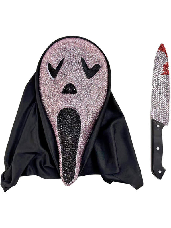 Screamer Mask Pink Jewelled Kit + Knife Ladies Ghost Fancy Dress Accessory Diamond