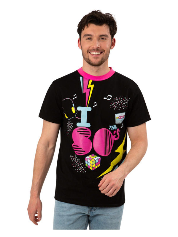 1980s T Shirt Printed Top Adults 80s Retro Disco Fancy Dress Black Top