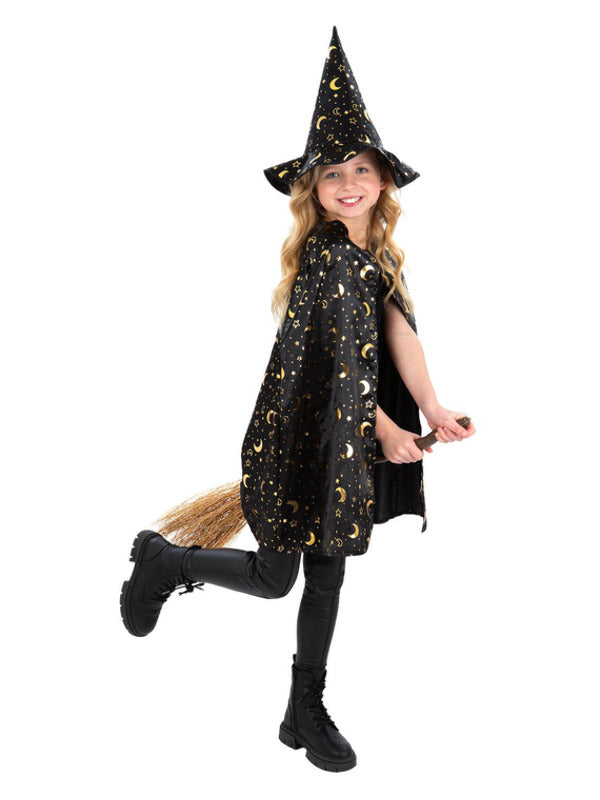 Witches Kit Black Witch Girls Halloween Cape + Mask Set Fancy Dress Age 4-12