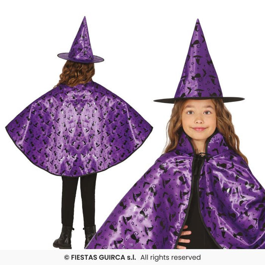 Girls Witches Cape Set 50cm Purple Witch Outfit Kids Fancy Dress Accessory