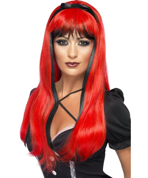 Long Black And Red  Halloween Wig Bewitching Witches Wigs Fancy Dress Accessory