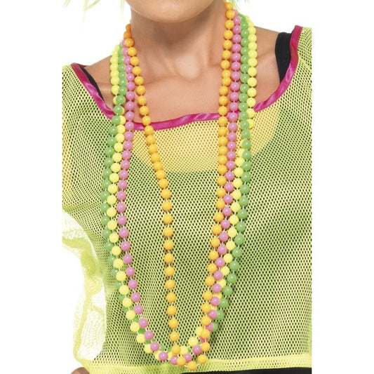 Neon 80s Beads Necklace 4 String Fancy Dress Accessory Disco Rave Assorted