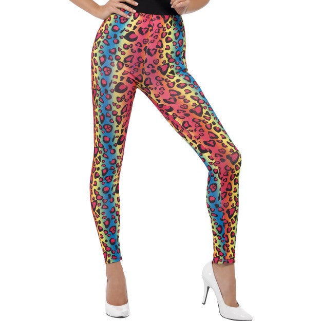 Neon Leopard Print Leggings Rainbow Ladies Fancy Dress 1980s Accessory 80s