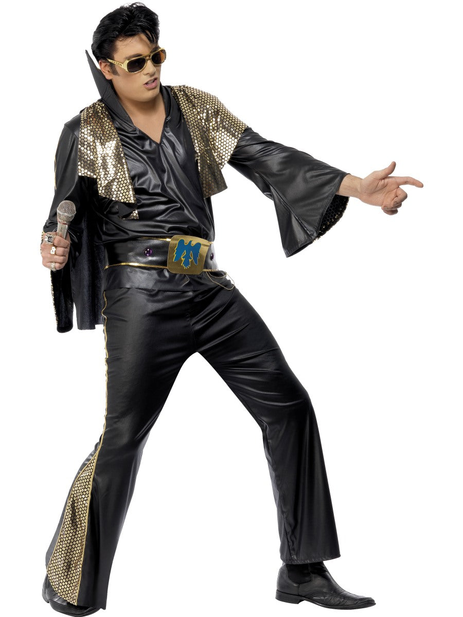 Elvis Black and Gold Costume Mens Licensed Fancy Dress Outfit M,L