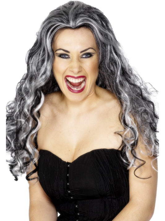 Renaissance Vampire Wig Ladies Black and Grey Halloween Fancy Dress New