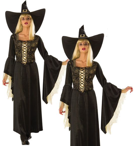 Golden Web Witch Ladies Halloween Witches Fancy Dress Costume + Hat