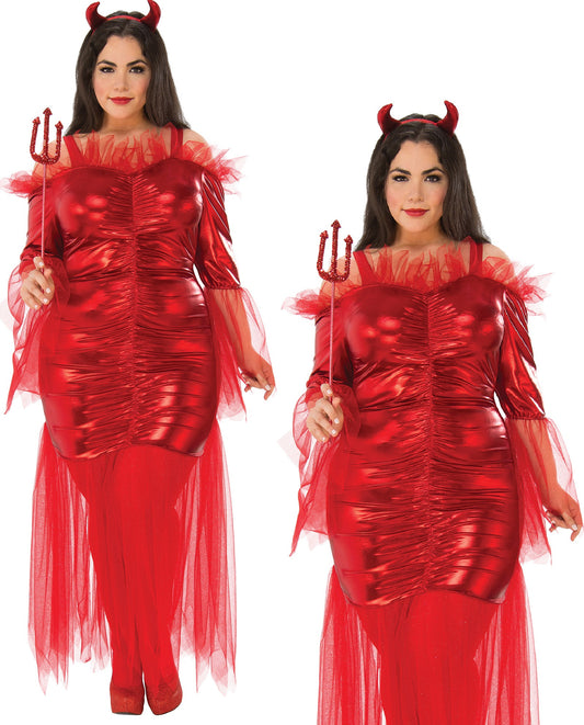 Red Devil Costume Ladies Halloween Fancy Dress Outfit Devils + Horns