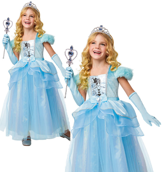 Blue Princess Costume Girls Fairytale Deluxe Book Day Fancy Dress + Tiara