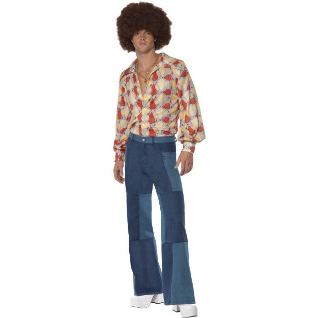 Adult 70s Mens Patchwork Trousers Only Denim Flared Disco Fancy Dress Outfit M L
