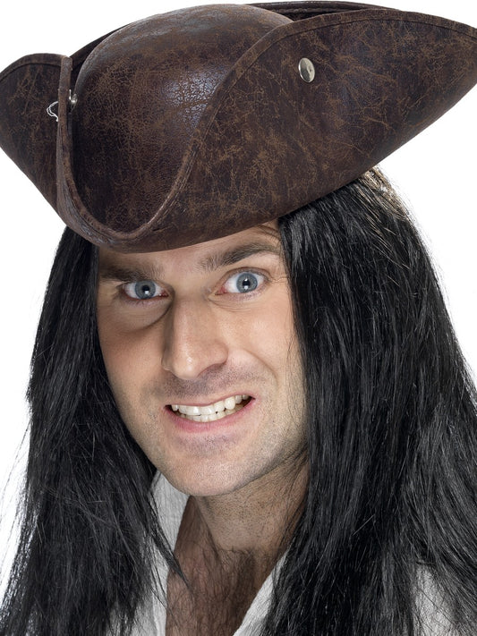 Adults Pirate Hat Leather Look Tricorn Brown Pirates Hat Mens Ladies Fancy Dress