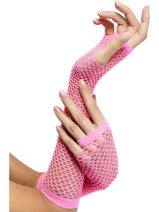 Adult Long Hot Pink Ladies Fishnet Gloves Fancy Dress Costume Party 1980s