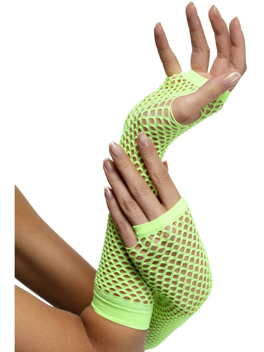 Neon Green Fishnet Elbow Length Gloves Punk Rocker 1980's Accessory